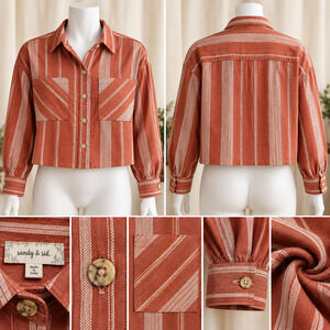 Sandy & Sid Size L Cropped Striped Button Up Shirt Boho Western Festival